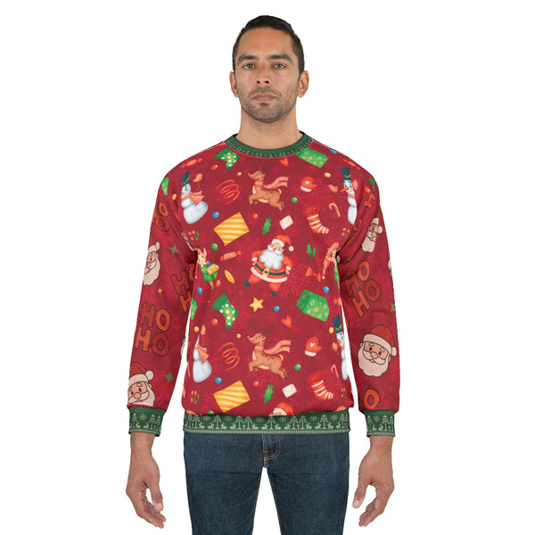 Man wearing a festive red sweater with Christmas-themed patterns on a white background