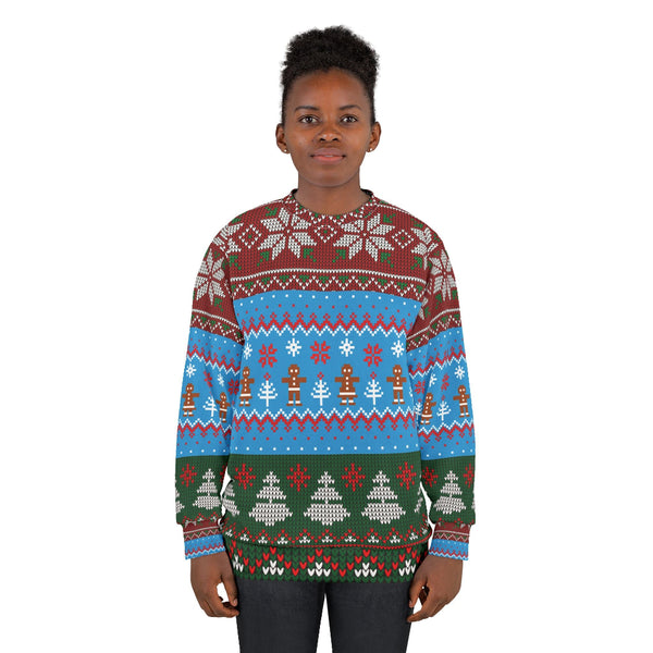 Person wearing a colorful Christmas sweater with patterns on a white background