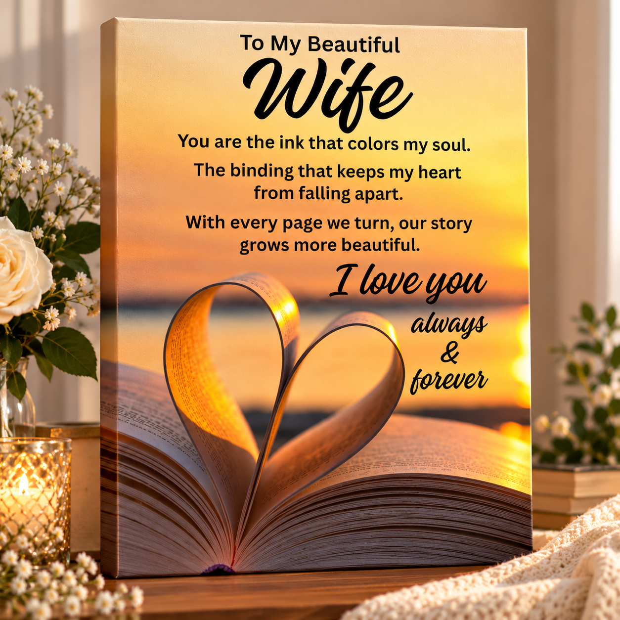 A rectangular printed canvas or plaque shown standing upright on a tabletop, featuring a romantic message for a wife and an illustration of an open book with a heart-shaped page. The scene is styled with flowers, a candle, and soft indoor lighting, but the product itself is the printed sign/canvas.