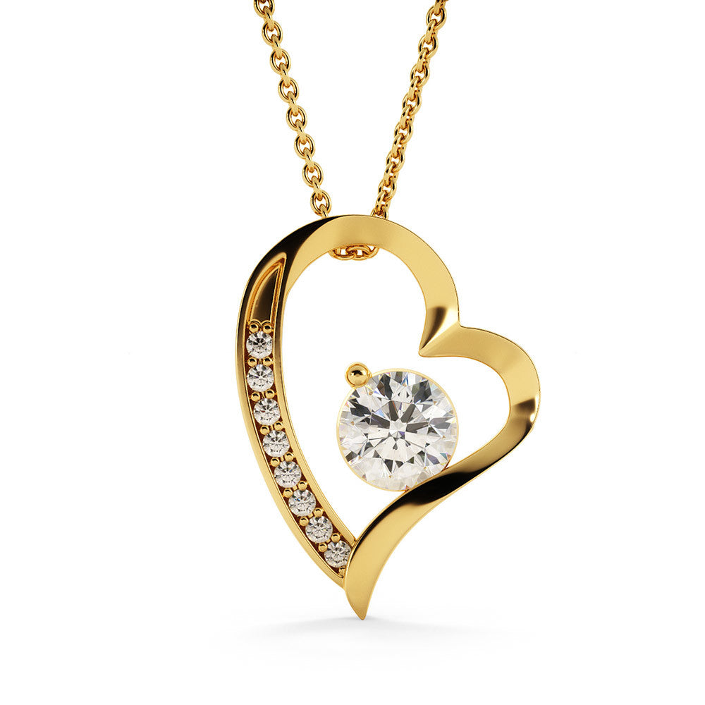 close up of yellow gold forever love necklace