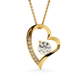 close up of yellow gold forever love necklace