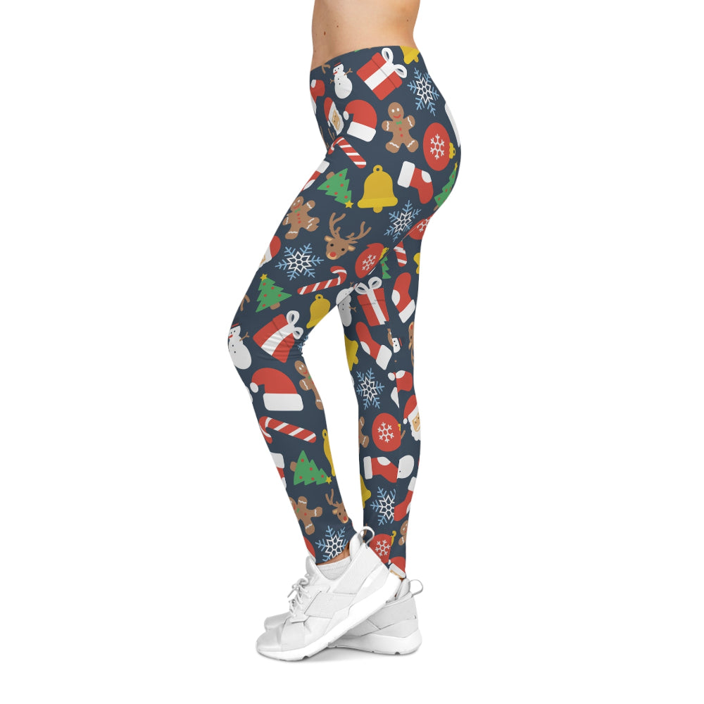 Leggings with Christmas-themed pattern on a white background