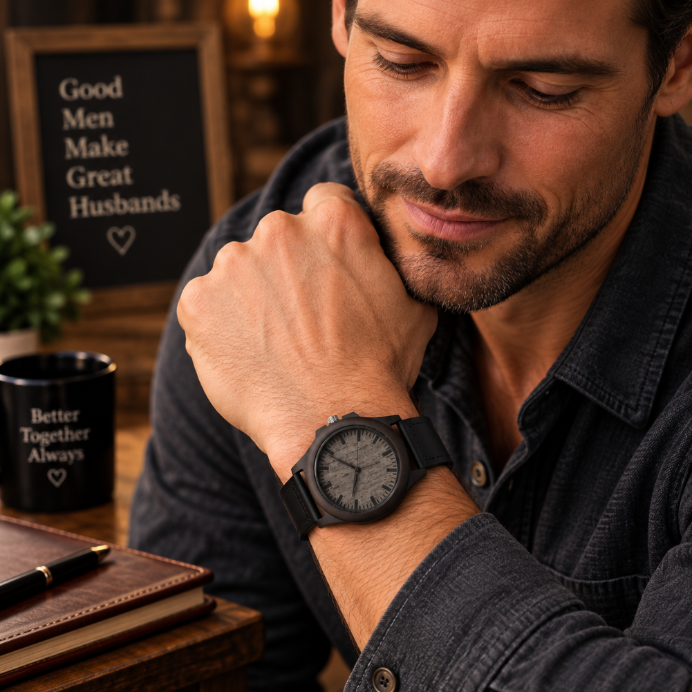 A man in a dark denim shirt rests his head on his hand, wearing a black rectangular smartwatch with a black strap. The setting is a cozy, warmly lit room with a wooden desk, a black mug that reads 'Better Together Always', and a chalkboard in the background.